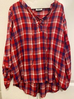 Red, Blue & White Plaid Button-Front Tunic blouse